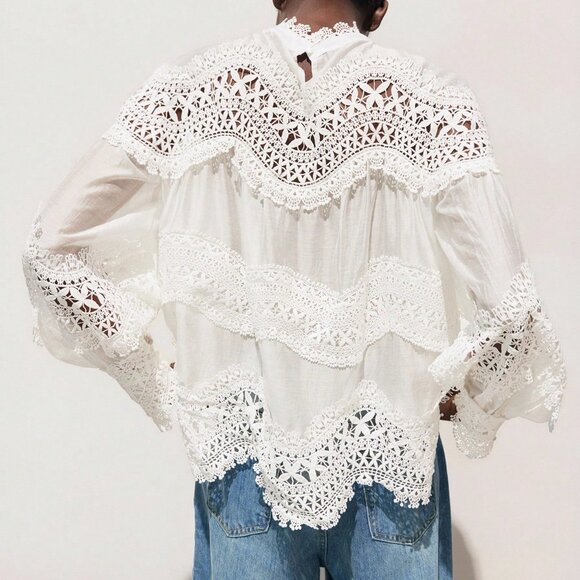 White Elegant Women's Patchwork Top - Picture 7 of 9